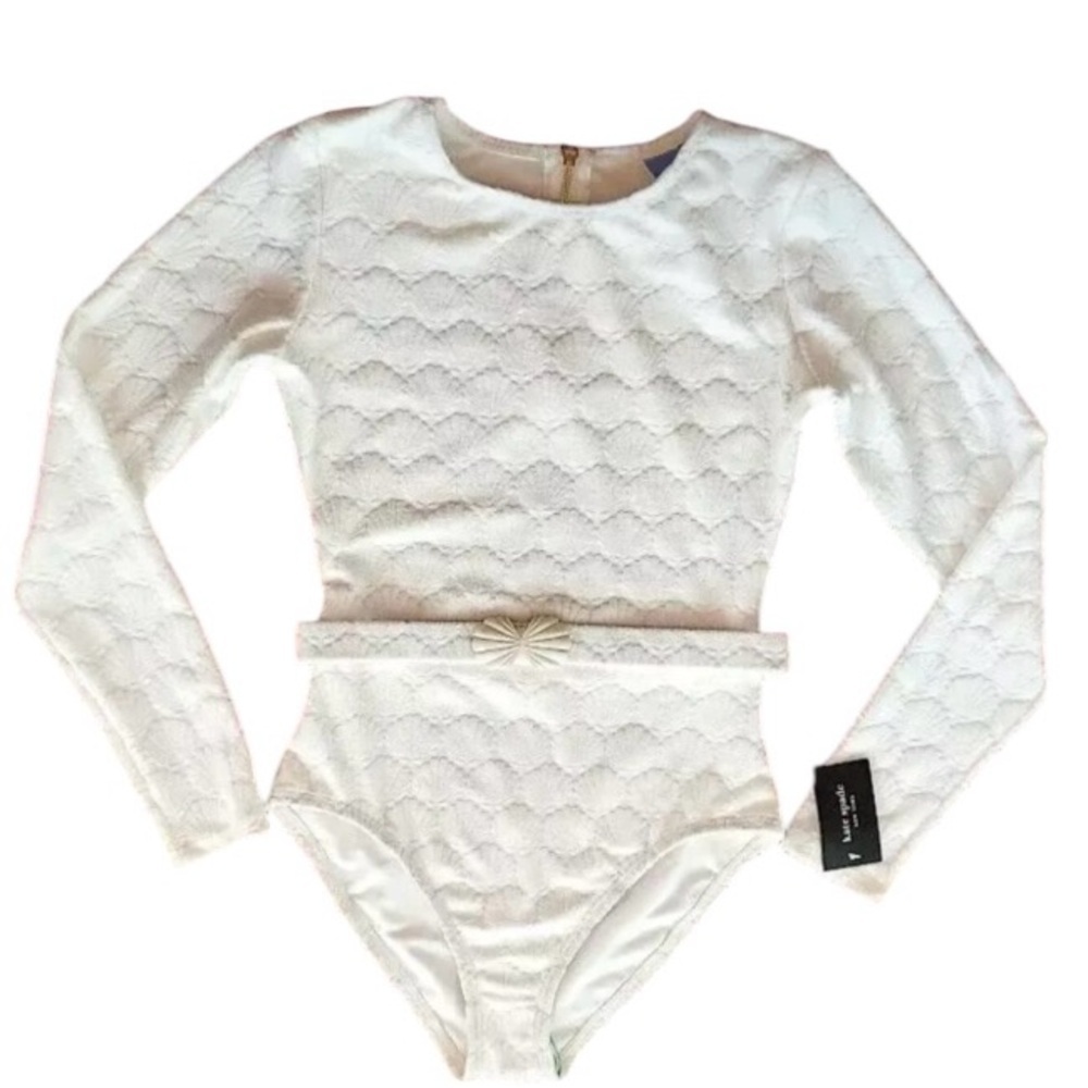 Kate Spade Belted Long Sleeve One Piece rash guard Shell Jacquard Swimsuit NEW - Picture 4 of 7